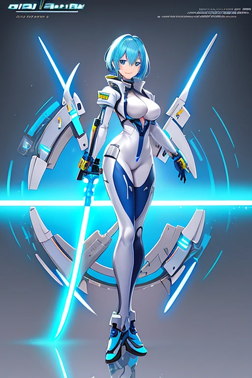 1girl, blue hair, very short hait, blue eyes, light skin, light-skinned female, hourglass figure, large breasts, lightsaber, sword, standing, full body, ((full_body)), pilot suit, bodysuit, white bodysuit, neon, neon trim, neon light, machinery, futuristic, smile, science-fiction, tech, pixie cut, light smile