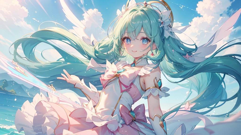 (Side angle,Look up,), (((Highest quality、masterpiece、Ultra-fine、Ultra-fine、髪UP,Green Hair,Exquisite、magic circle,dress,16K,cute,The best smile,Full HD,))), ( ((summer,One person,かわいいMagical girl,)))Blue Eyes、Long eyelashes、White skin、(Pale pink lips、Pale pink cheeks、thin and long)、((かわいいMagical girl,The best smile)), (One person)) 、(blue sky)) 、 ((Magical girl)