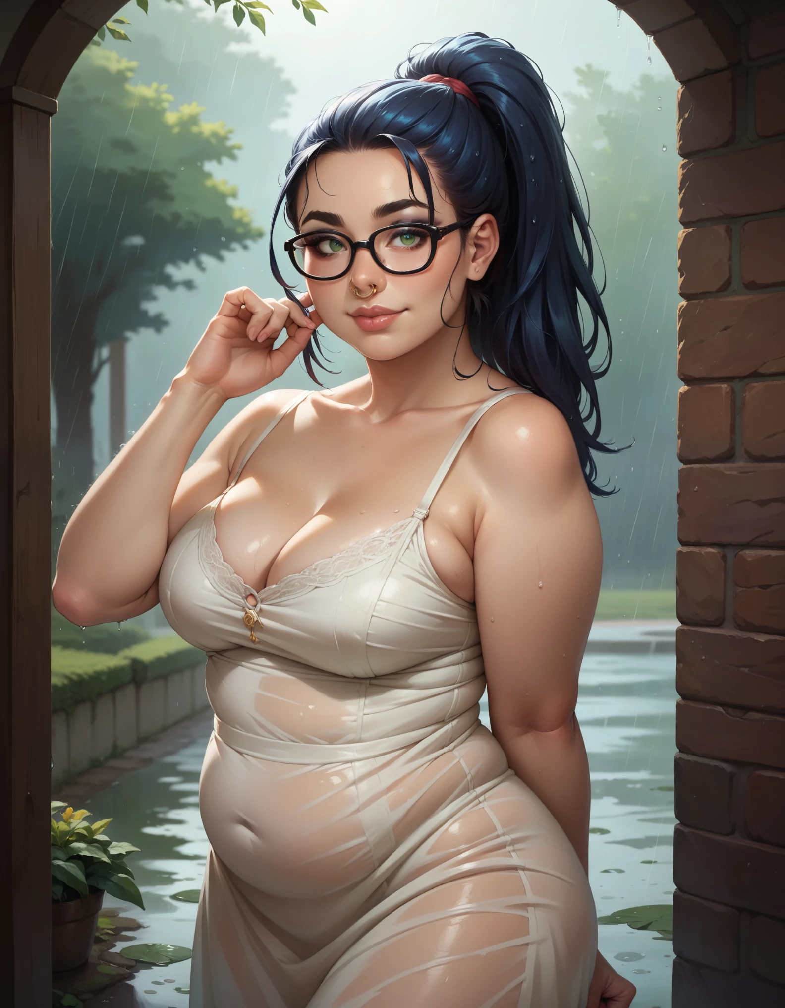 1girl, masterpiece, (chubby), ((dark eyeliner)), best quality, realistic face, black and blue hair with bangs and ponytail, large glasses, , , , green eyes, nose ring, chubby cheeks, long nose, low nose, high lips, dark eyebrows, ((trad blue and grey sundress)) thunderstorm background, ((raining)), ((golden hour lighting)), back porch background, big smile, w3t (full body picture) ((swollen and engorged breasts))
wet top, wet hair, t, breasts silhouette