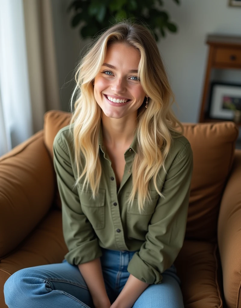 Cute blonde instagram influencer, blue eyes, sitting on a brown couch, jeans, olive button up, 1, flirty smile