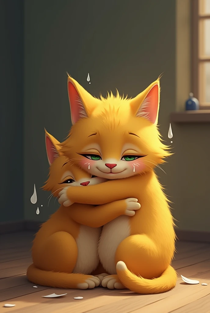 A yellow cat crying, with tears just like his friend hugging each other very sadly, in tears