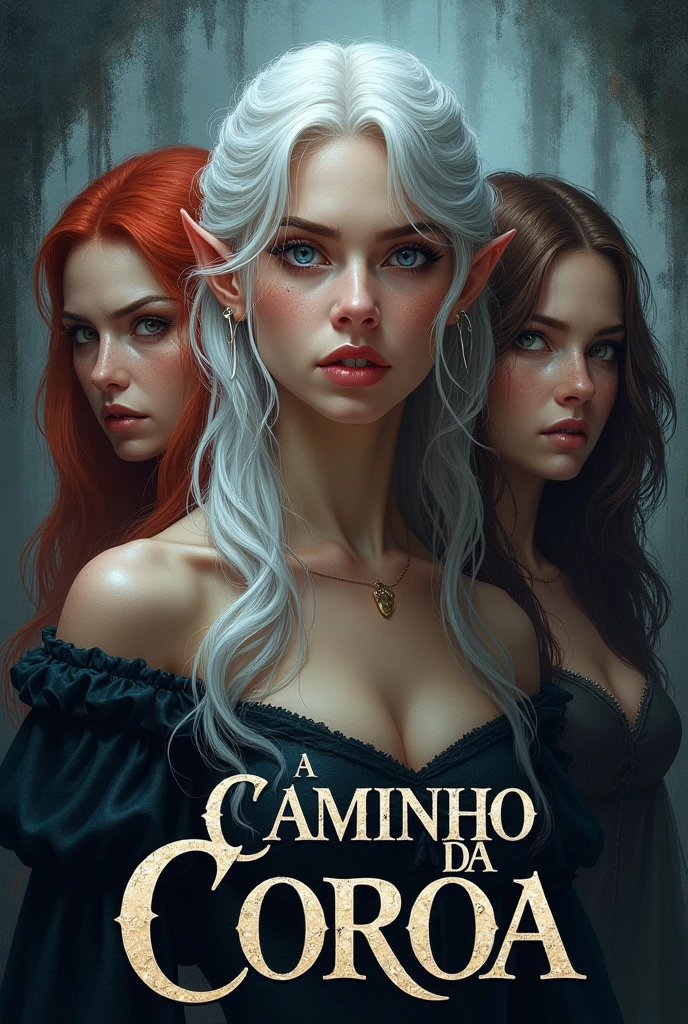 Description: Create a super realistic book cover for a medieval fantasy story. The background of the cover must be silver, with the title "A Caminho da Coroa" prominently, written in a large and imposing font. With a sigh.
In the central part of the cover, three young women should appear with intense expressions and hateful looks, in a darker environment. They must have distinct faces and different characteristics, being elves:
First woman: Blonde hair and blue eyes.
Second woman: Platinum hair, almost white.
Third woman: Brown hair.
Make sure the three women are visually DIFFERENT IN THEIR FACES AND HAIR STYLE, with a dark mood surrounding them, contrasting with the clarity of the silver background.