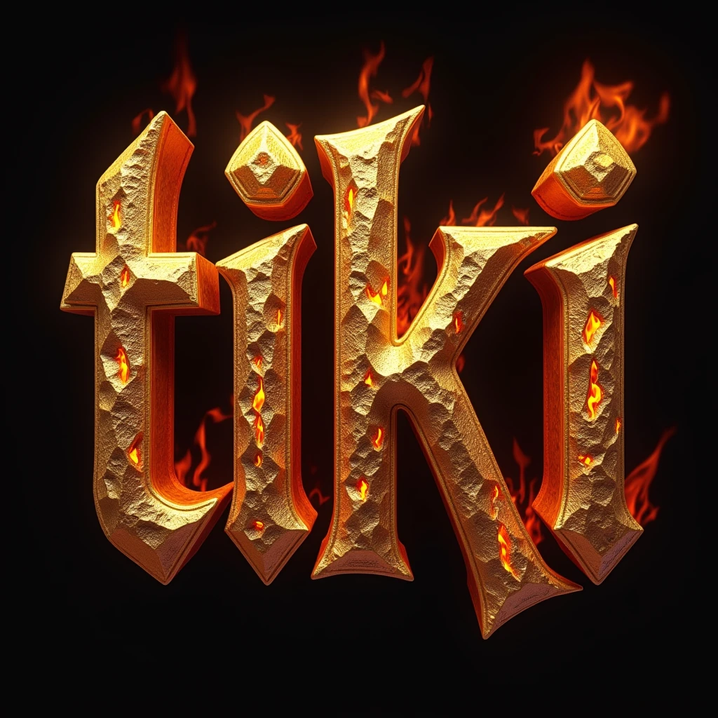 Create a 3D stylized text design for the word 'Tiki' using a medieval fantasy-themed font. The font should have a bold, blocky appearance with subtle curves and intricate details. The letters should have a rich, golden color with a metallic finish, symbolizing the intensity and power of fire. Subtle glowing cracks in deep orange and red should run through the gold, evoking the fiery essence of the character. The overall design should be majestic and powerful, focusing on the elemental fire theme, with no background.