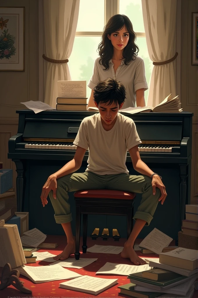 "**First Enlightenment**: An image of Lucas sitting haphazardly in front of his piano, with sheet music and music books scattered on the floor. Frustration and confusion are reflected on his face., while in the background you can see teacher Elena watching him with a serene expression and understanding