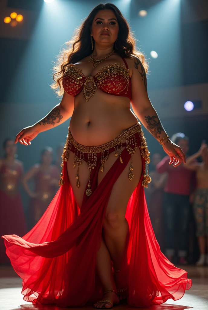 A plus size model woman is obese and fat, weighing 150kg, with lots of belly fat, she gained weight by eating too much, she is an obese plus size model with a very large belly, her belly is bulging and covered with a lot of fat, she has brown hair in a colorful costume, a saggy belly and a tattoo around her navel, she is belly dancing on stage, swaying her body to the music, 4K quality, low angle