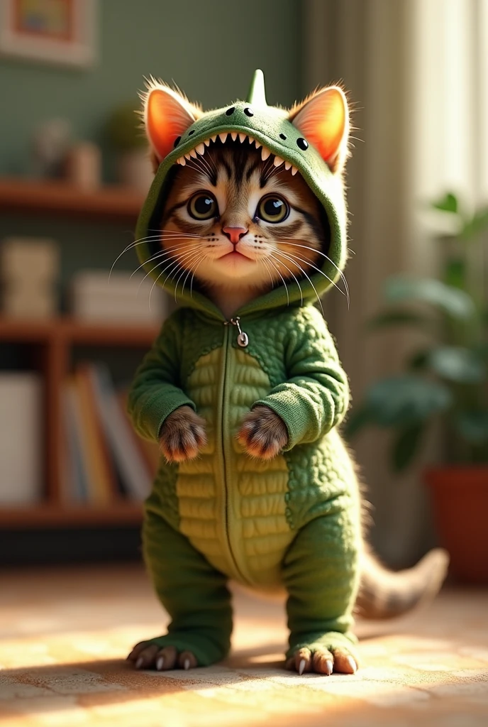 A cute brown and black-striped tabby kitten, standing upright like a little human in a detailed green dinosaur costume. The costume has textured scales, a hood with a dinosaur face, sharp teeth, and small eyes on top. The kitten’s soft fur contrasts with the costume’s rough texture. It stands confidently on its tiny hind legs, with its small paws visible, in a cozy indoor setting. Warm, gentle lighting highlights the kitten’s expressive face and the details of the costume, with a simple, neutral