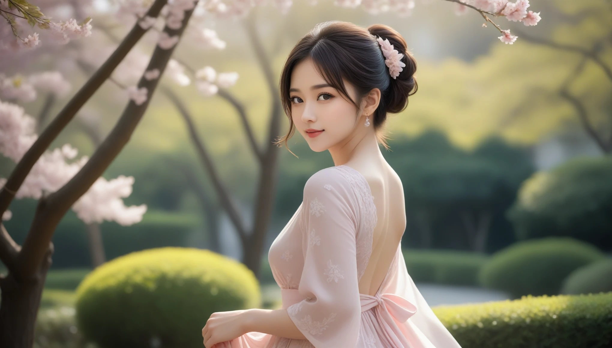 8k, Ultra-high resolution, Highest quality, masterpiece, 三分割法によるphotograph,Surreal, photograph, 1 , (:1.3), cute, cute顔, 細部までBeautiful Eyes, 細かくdetailedに,masterpiece,One Girl:1.2,Japanese women,Young Wife,cowboy shot,smile,Black Short hair,Messy bun hair,(Elegant Chiffon Dress:1.3),Elegant,Botanical pattern,Mid-calf length, 3/4 sleeves,Generous texture,Flared silhouette,Urban background,woman leaning on a tree,Soft sunlight,(Beautiful attention to detail),Subtle details, detailedな顔, smile,attractive,(ポートレートphotograph:1.4),(Photorealistic images:1.4),Fantasy art,(Beautiful Face:1.4),美しくattractive目、Beautiful Eyes、(Tight waist:1.4)、(Beautiful with perfect body proportions:1.4),Pink Lips,Looking at the audience,(((Ideal body type))),A-cup small breasts :2,、Portraiture:2、Perfect ???????、鮮明なdetailed、detailed,Fashion magazine cover,Thin lips,完璧でBeautiful Face ,完璧でcute顔, Skin with attention to detail, Perfect limbs、Narrow waist,Surreal,Light and shadow,dappled sunlight