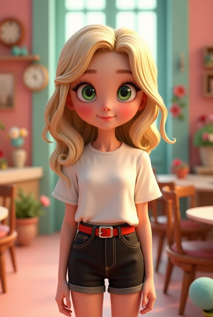 3D Pixar style, Caucasian female, blonde, big green eyes, with lots of eyelashes.
Well-shaped pink mouth In black shorts, white blouse, red belt Dark blonde wavy hair with light highlights, no fringe in a handmade environment full of childish bows