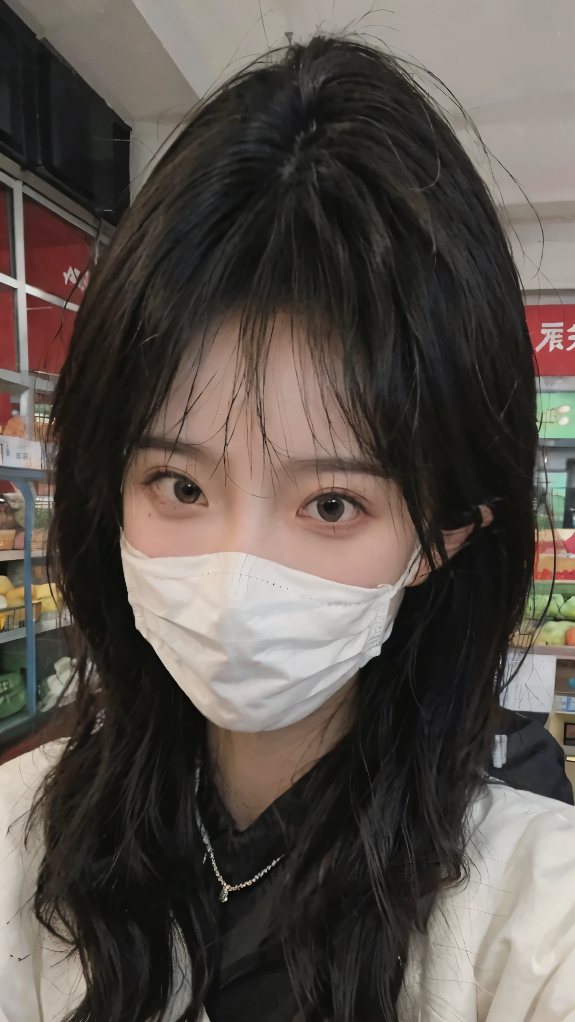 黑色wear mask，Best quality，黑色wear mask，Ultra-high resolution，(Reality:1.4)，（黑色wear mask:1.4），Cute hairpins，girll，Cropped black sweater，wear mask，Look directly at the audience，Full of atmosphere，Beautiful woman with a slim figure:1.4，黑色wear mask，supermarket，whole body，Super delicate face，Exquisite eyes，Double eyelids，necklace，黑色wear mask，