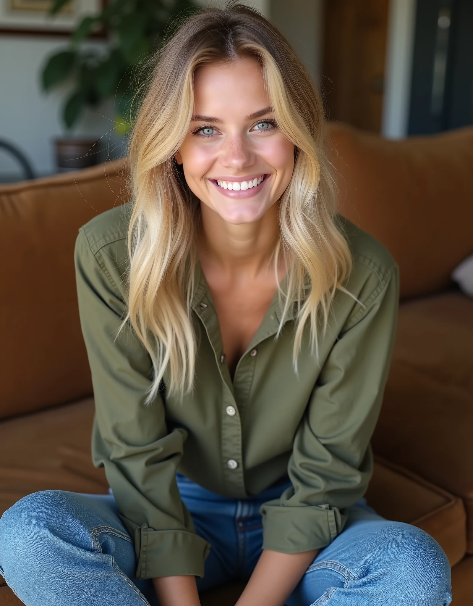 Cute blonde instagram influencer, blue eyes, sitting on a brown couch, jeans, olive button up, 1, flirty smile