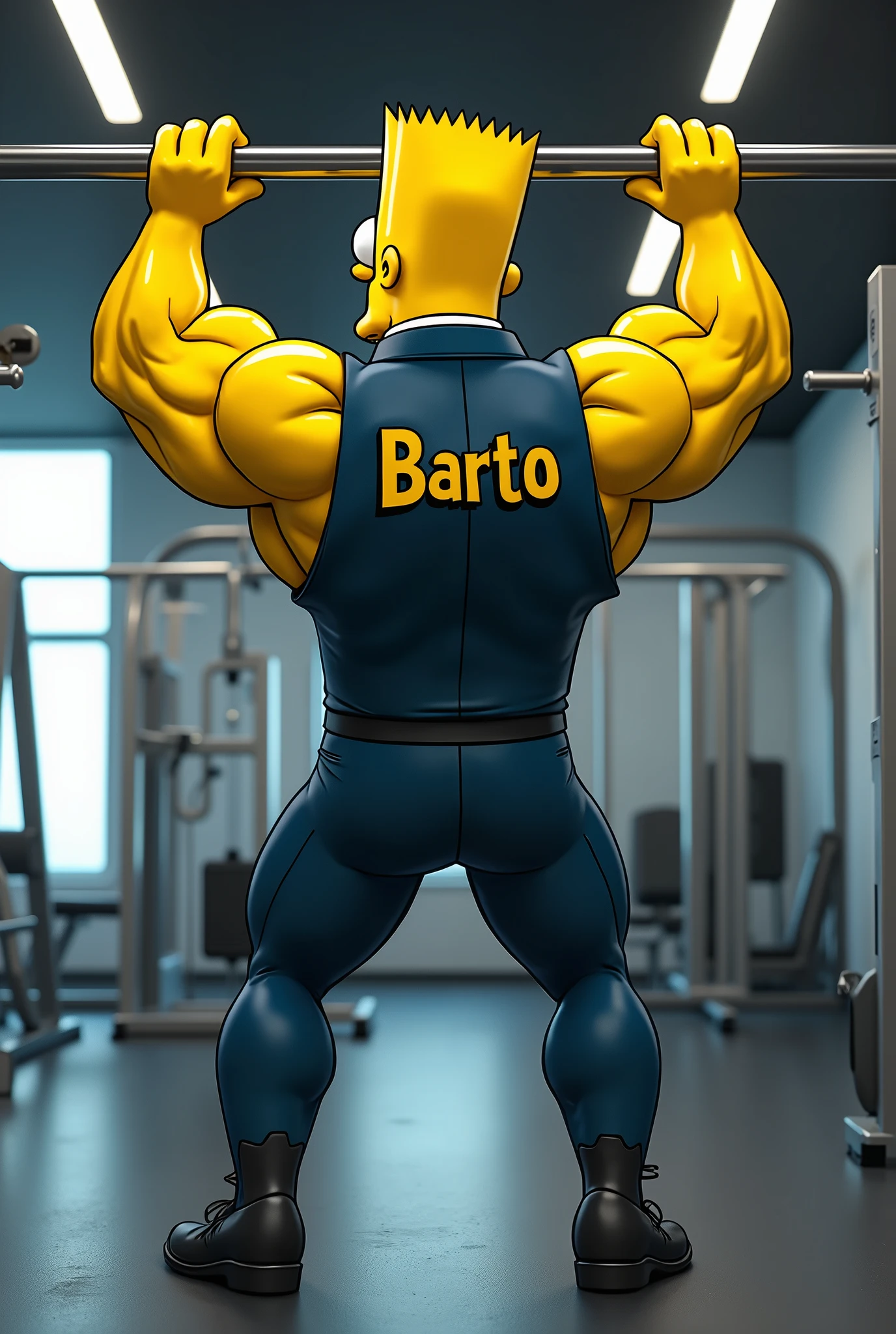 Bart Simpson very muscular doing bars and with a suit that says barto on the back
