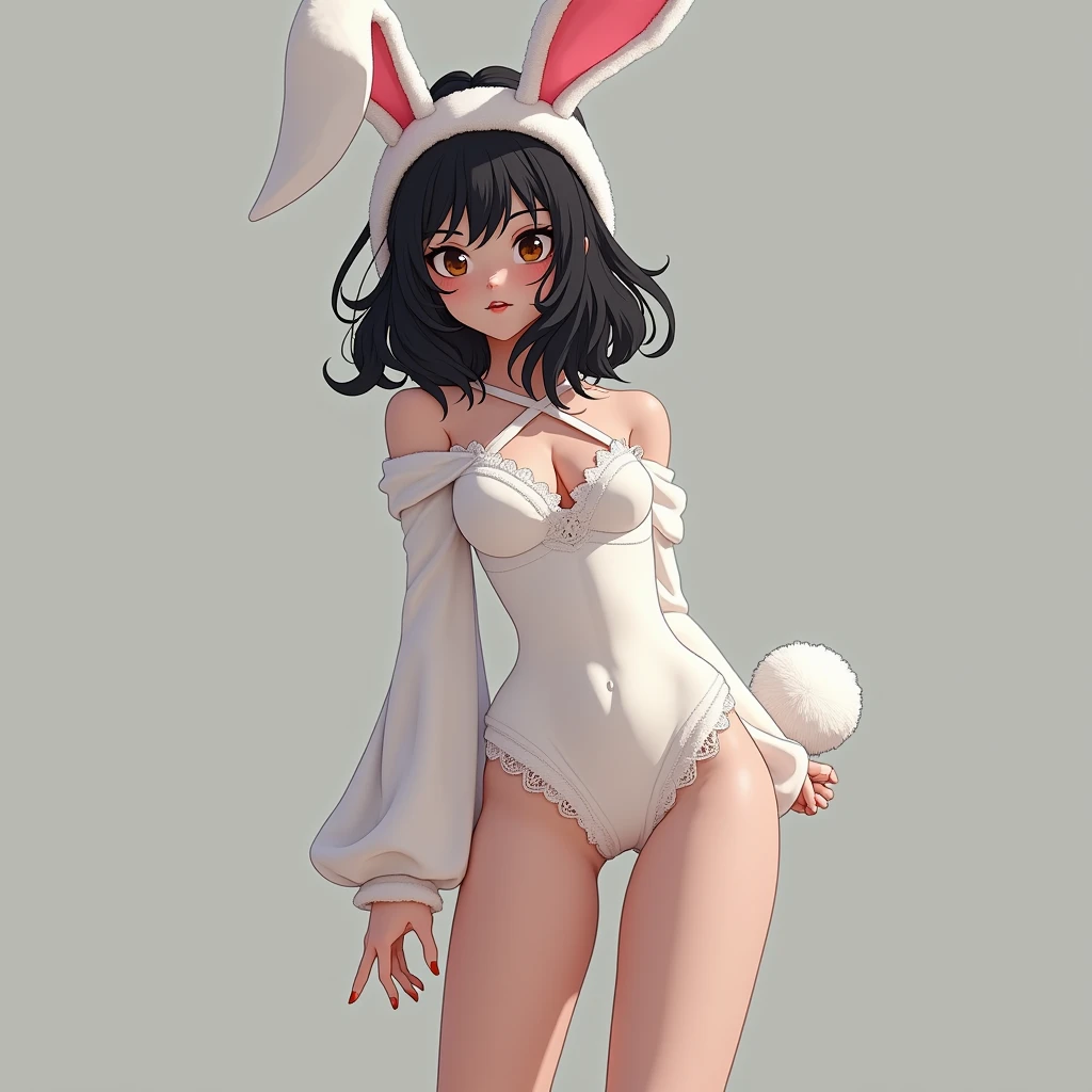 Femboy with black wavy hair, in a white bunny outfit with big thighs in stockings