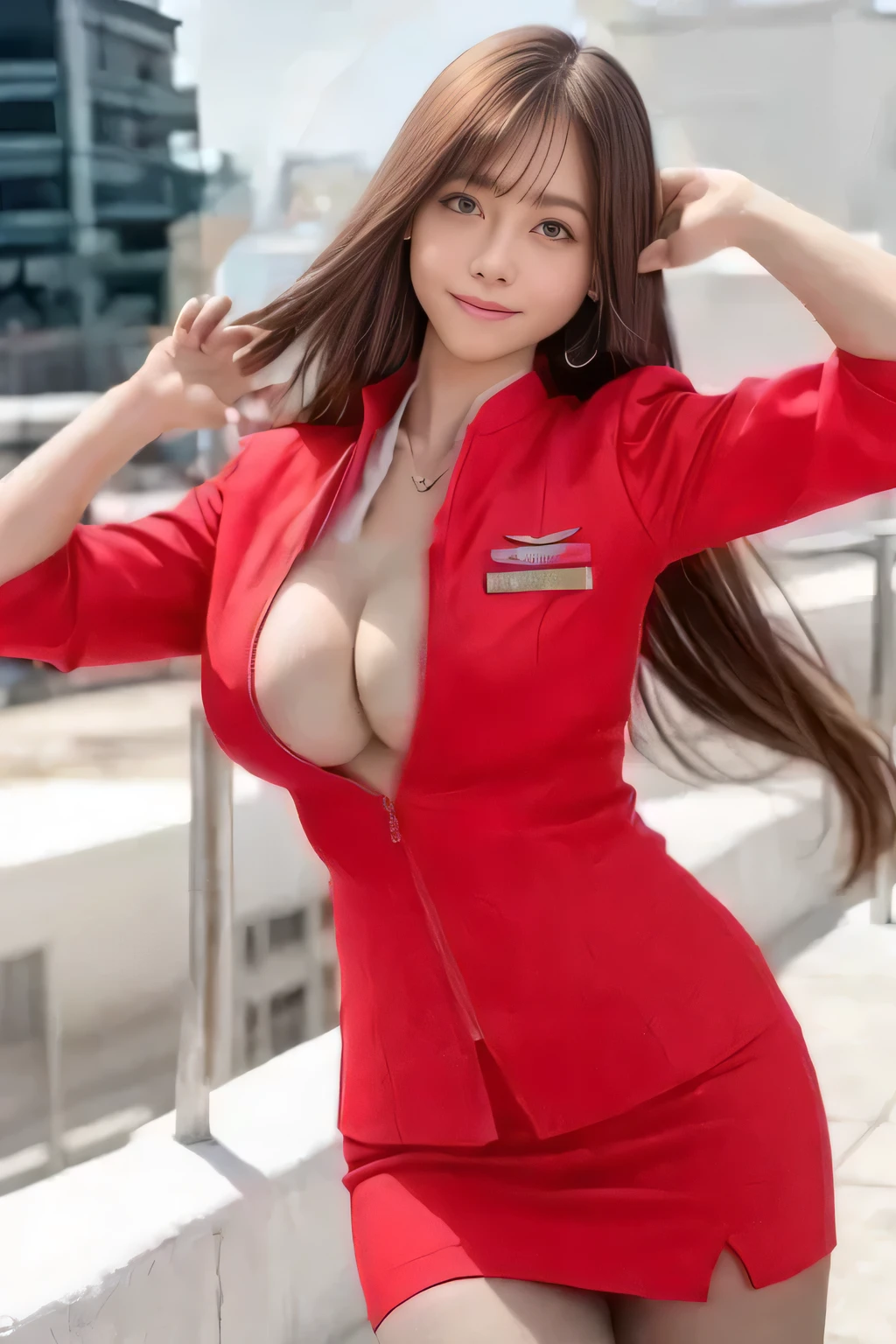 (Highest quality, masterpiece:1.2), (Realistic, photo Realistic:1.4),（AirAsia stewardess uniform realistic style）, A proper woman, Beautiful Face, Brown Hair, (Long hair down to the legs), (Red jacket, Unzipped jacket, Unbuttoned white shirt, Red mini skirt, pantyhose),（Showing big boobs through cleavage in unbuttoned white shirt）、Perfect slim body, Huge breasts, huge breasts cleavage, Detailed skin texture, Beautiful Eyes, (Attractive look), necklace、Earrings, On the roof of a building, Rooftop at daytime,Blue eyes、Keep your hands down、Super long hair down to the legs,Strong winds are blowing、Super long hair down to the legsを風になびかせる