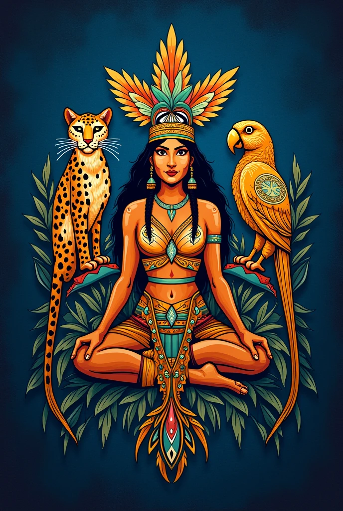 Flag in dark blue color In the center an image with an ocelot,macaw and an indigenous woman Spread across the flag in golden tones names of indigenous tribes of the lower Tapajós Pará