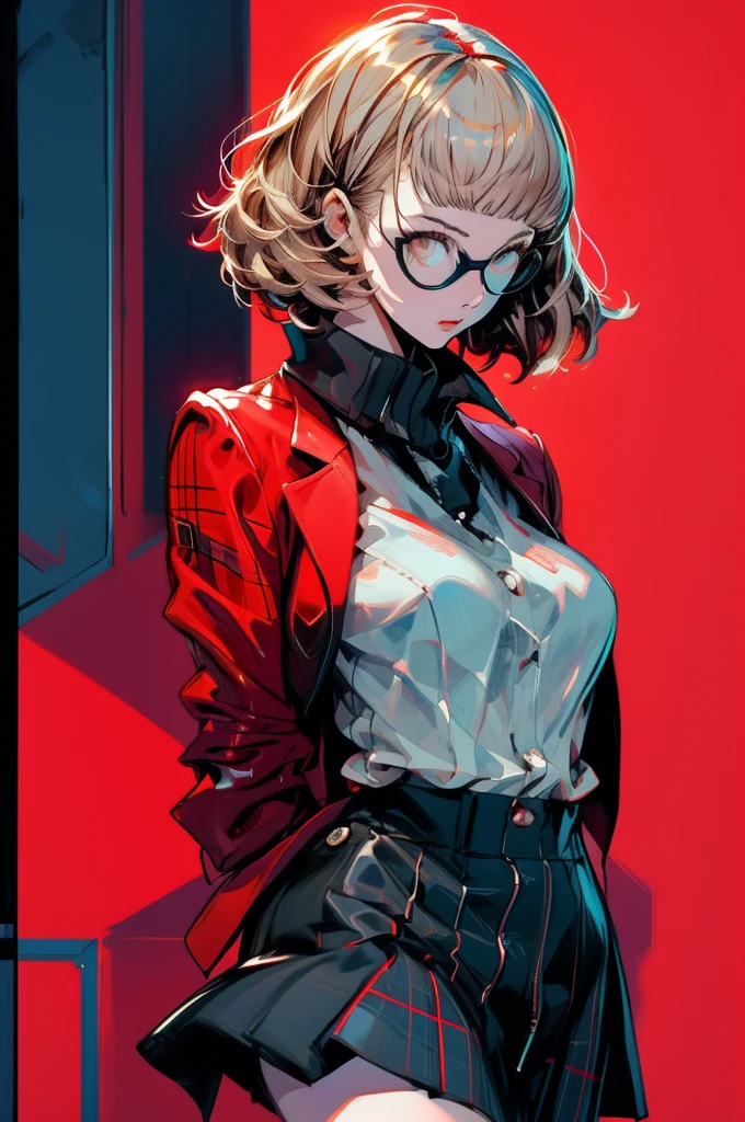 in the art style of persona5, (masterpiece:1.2, highest quality), (Realistic, photoRealistic:1.4), Beautiful illustrations, (Natural Side Lighting, Cinema Lighting), Written boundary depth, Beautiful thighs staring at the viewer, 1 female, 30-year-old, alone, thin, slender, (huge breasts), short Hair, straight Hair, Forehead, Forehead, Forehead, Forehead, thin, slender, glasses, lingerie, white bra, (((She wears sexy bra))), Are standing, (((glasses)))