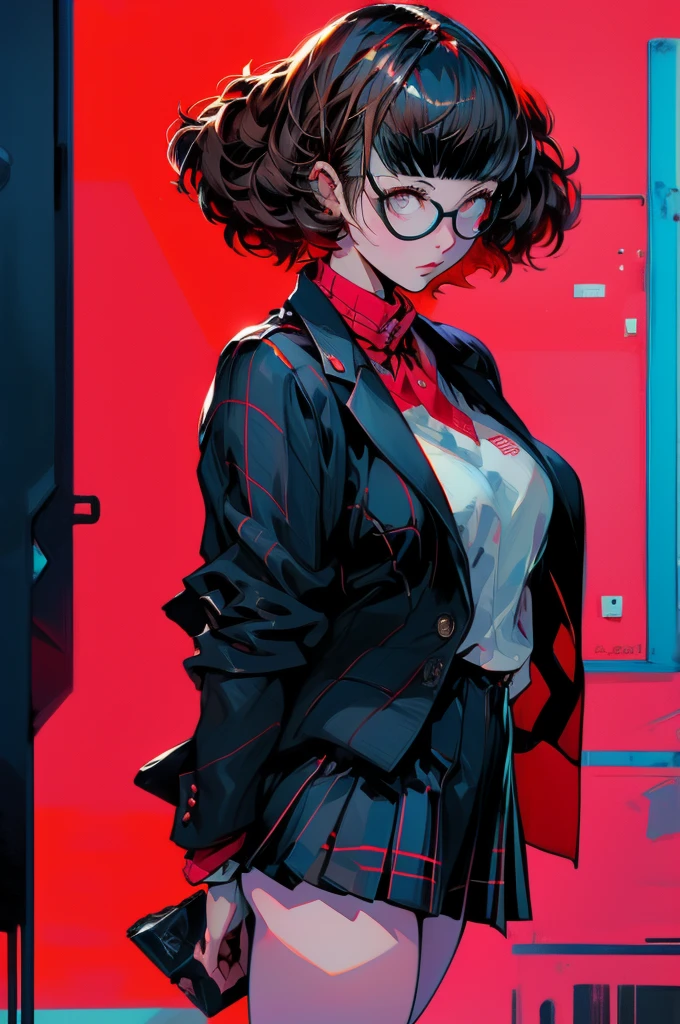 in the art style of persona5, (masterpiece:1.2, highest quality), (Realistic, photoRealistic:1.4), Beautiful illustrations, (Natural Side Lighting, Cinema Lighting), Written boundary depth, Beautiful thighs staring at the viewer, 1 female, 30-year-old, alone, thin, slender, (gigantic breasts), Messy hair, Bedhead, Blunt bangs, thin, slender, glasses, White blouse with formal collar, Blue Blazer, Red Check Skirt, Red checkered ribbon on blouse, Are standing, (((glasses))), portrait