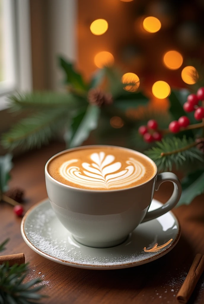 cup of latte. background is Christmas decoration ideas for home 