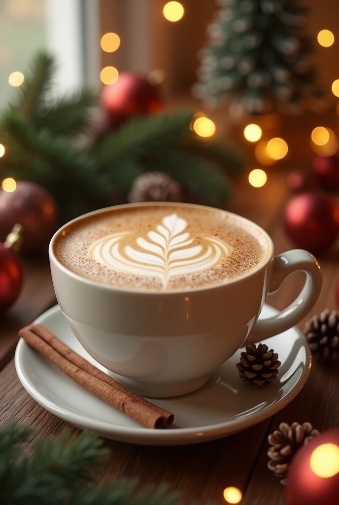 cup of latte. background is Christmas decoration ideas for home