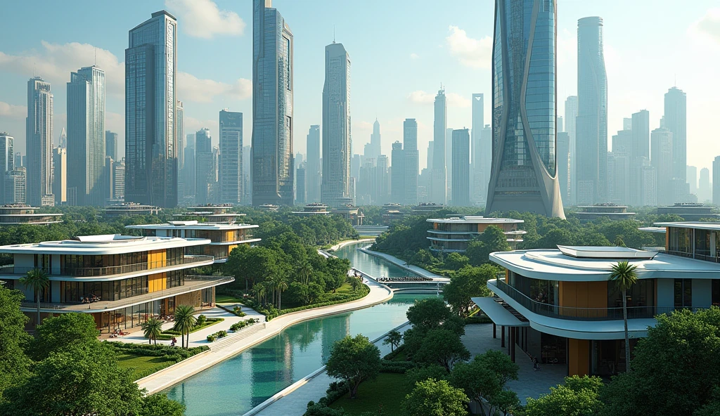 A city seen in general plan. The city has large houses and modern architecture.. High-rise buildings made of glass and ostentatious. Large and beautiful gardens