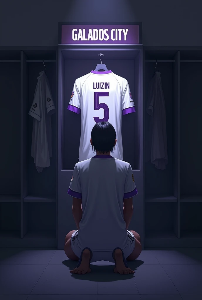 football locker room with a football player's cabin in this cabin there will be a white shirt with purple details (minimalists) on the collar and at the tip of the sleeve the shirt must be showing the back with the name LUIZIN highlighted and the shirt number must be number 5, the cabin at the top must contain the name of the club which is GALADOS CITY, all ambient light must be off, only the light of the sign with the name GALADOS CITY and a low light above the shirt indicating prominence must be on. (The image should be centered and not too far away) and the player with slightly dark skin, short straight black hair and a beard showing that he cares about the current fashion style must be wearing pre-game clothes different from the shirt that is hanging in the locker room, the one he is wearing is gray with purple details on the sleeve and collar of the shirt and on the shorts, the player in the image must be on his knees with his head down (indicating pre-game concentration)