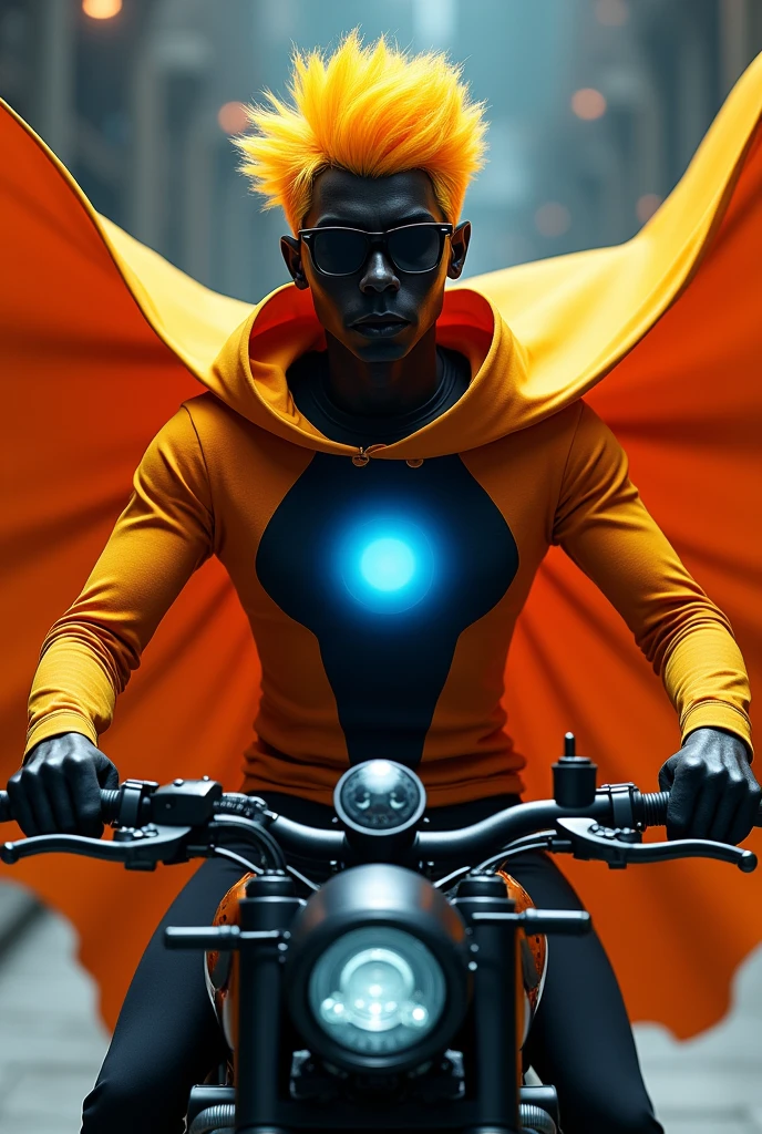 Can you make me a picture of a man with yellow hair like a sucked mango and a black face and black glasses and a motorcycle shirt in the middle blue and in the middle the motorcycle and the rest black and an orange cape the character is from Roblox