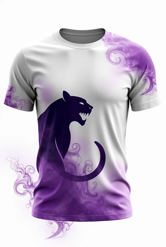 Shirt Design:**

**Shirt Front:**
- Cor: White - Details: Fumaça in purple envolvendo a parte inferior e os lados.
- Image: A stylized panther, positioned on the side, with a design that conveys strength and elegance.
- Text: Above the panther, in small, discreet font, include "8th year CNS" in purple.

**Back of the Shirt:**
- Cor: White - Details: Continuar com o tema de fumaça in purple, that can spread to the sides.
- Size 24 Large, with a design that imitates a panther&#39;s tear.
- Name: Above the numbering, put the person&#39;s name in a font that complements the design, também in purple