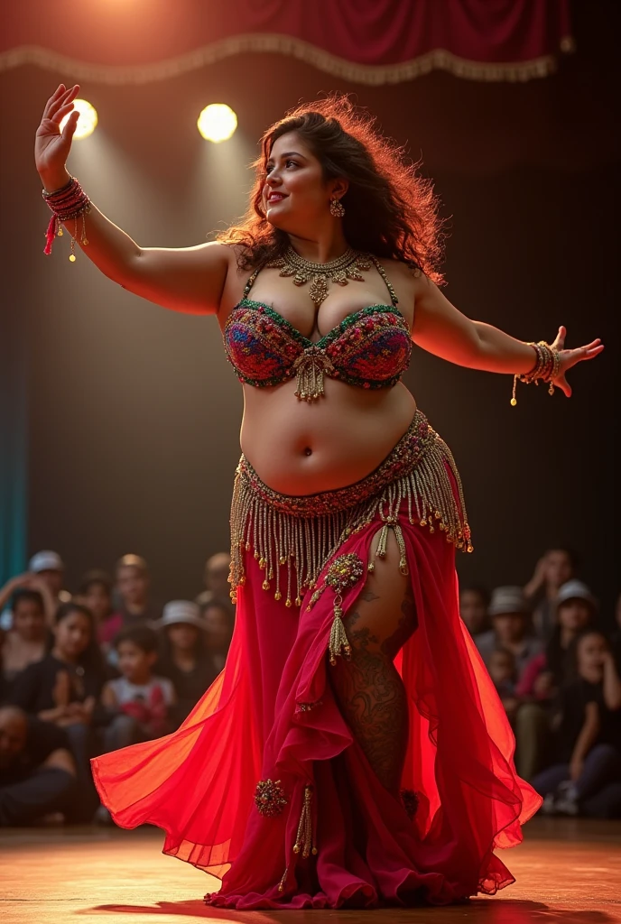 A busty women, long legs, wavy hair, glossy lips, slender body, saggy breasts, wearing bellydance costume suit, high heels, head accessories, performing belly dance on the stage, hiden behind smoke, fogging stage effects, lensflare, stage lighting, percussion background, seductive, attractive, dynamic lighting, candid