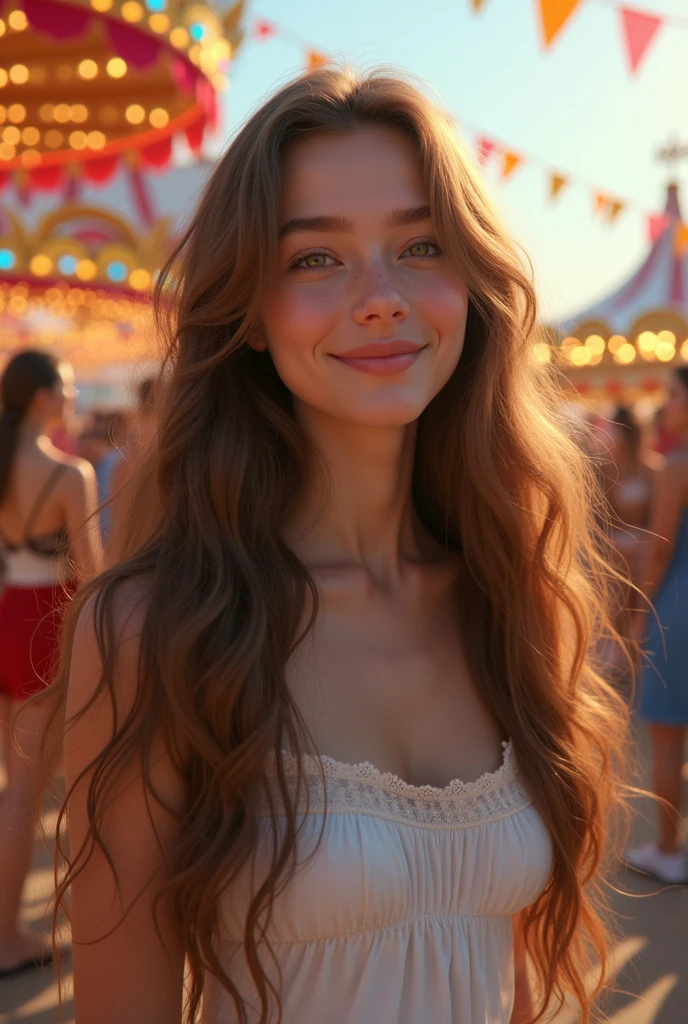 Femme arafed avec de longs cheveux et un haut blanc debout à la fête foraine, fille aux cheveux bruns, Elle a environ 1 6 ans, acquiesça, cheveux fluides assise sur un banc, aux cheveux longs, jeune belle femme, portrait doux 8 k, Anna Nikonova alias Newmilky, Alina Ivanchenko, Photo de la jeune femme