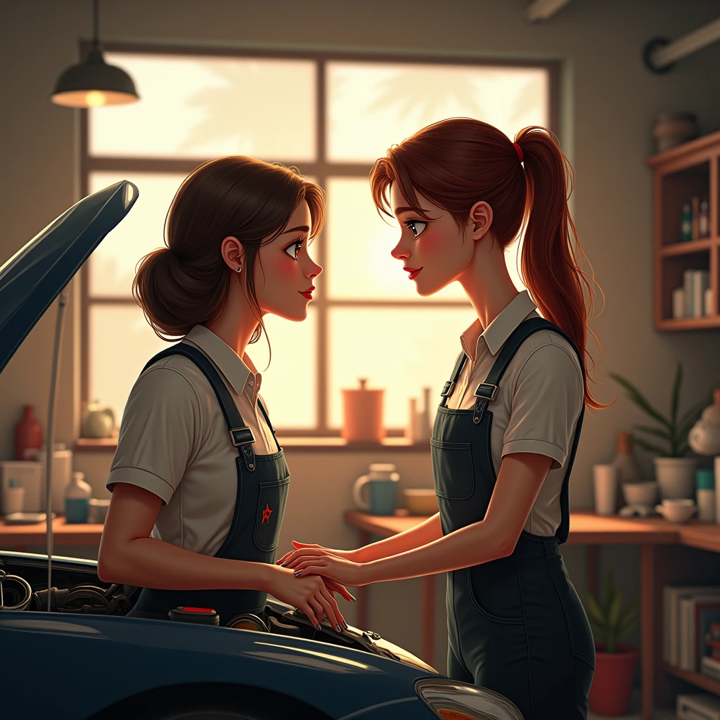 A female driver falls in love at first sight with a female mechanic working at a car repair shop