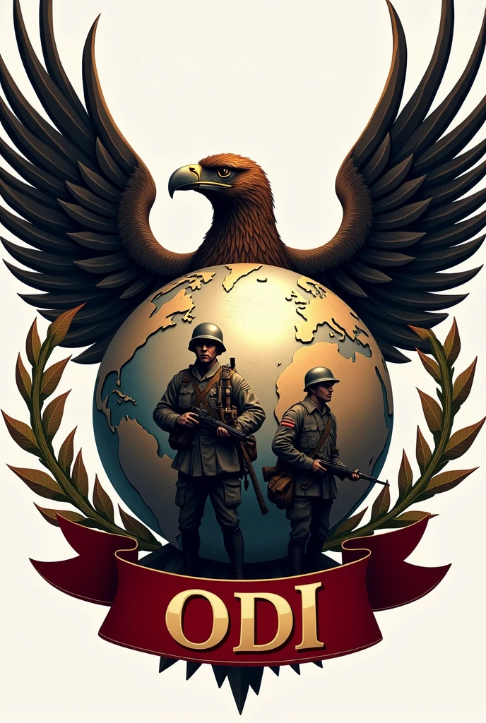 Logo with an orb surrounded by an eagle inside the orb armed soldiers of the First World War , around the globe flags of Latin countries in front a red ribbon with the name ODI in gold