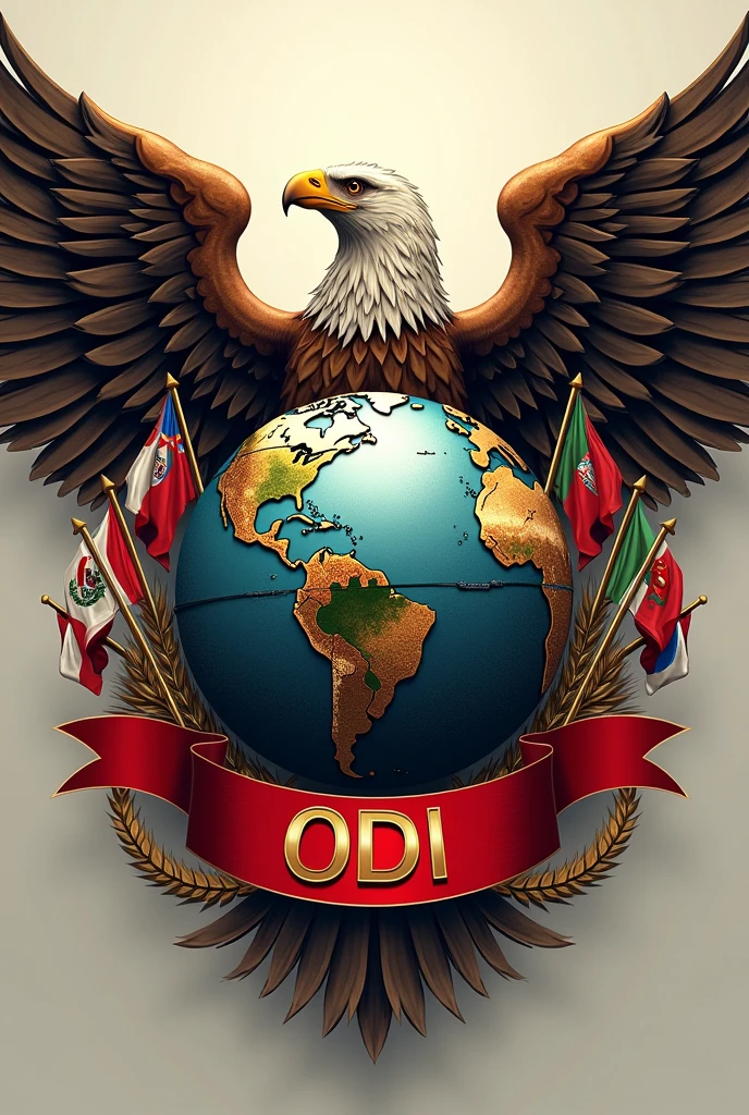 Logo with an orb surrounded by an eagle inside the orb armed soldiers of the First World War , around the globe flags of Latin countries in front a red ribbon with the name ODI in gold