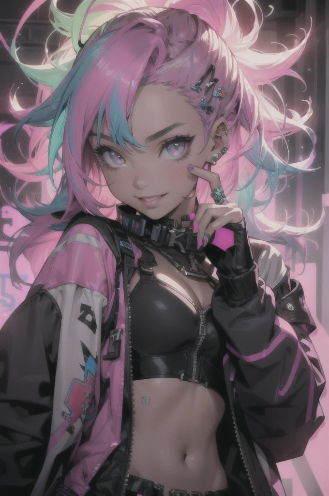 1girl, Holo-Punk Style, smiling, cute, lipstick, girl with neon hair, closeup, multi color, neon rings around neck, neon jacket, neon background, neon lighting, hand on heart, big breasts, neon bra