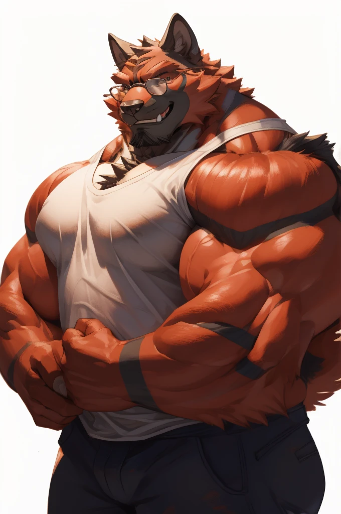 1boy, 1man, solo, a (furry incineroat) standing, (face, detailed face, glasses), white background , front view, massive muscular , sixpack, (shirt), well-muscled old man. ((thick arms, huge pec, huge arms)), wide smiling. Add textures and details to make the image more realistic, such as the appearance of the. Make sure the resulting image is high resolution, 8K quality