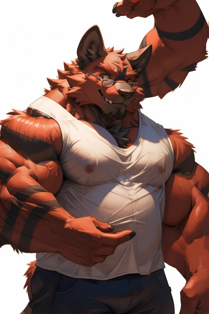 1boy, 1man, solo, a (furry incineroat) standing, (face, detailed face, glasses), white background , front view, massive muscular , sixpack, (shirt), well-muscled old man. ((thick arms, huge pec, huge arms)), wide smiling. Add textures and details to make the image more realistic, such as the appearance of the. Make sure the resulting image is high resolution, 8K quality