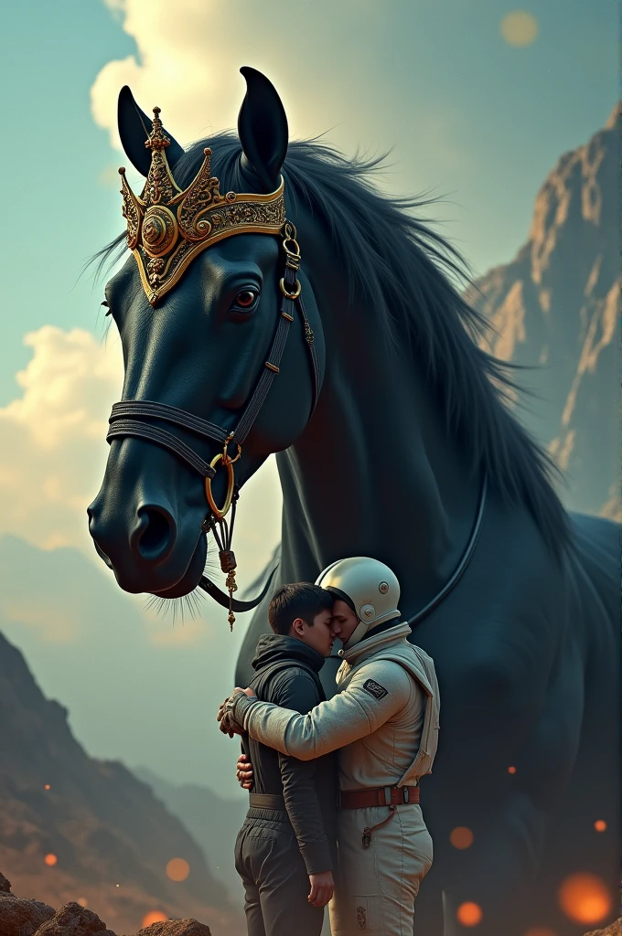 A black horse with a crown on its head and in front of it a man from space hugging his friend from Earth