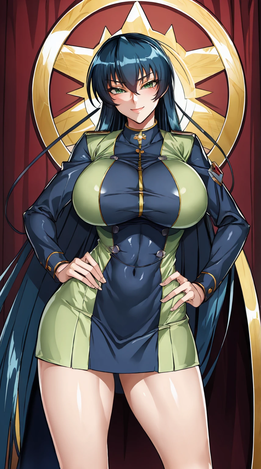(masterpiece, Highest quality, Highly detailed Unity 8k wallpaper, Exquisite character design, beautiful huge chest, Very much more on the face, Very good anatomy), Asagi, One person, chest, alone, smile, Abdominal muscles, Toned Up, View your viewers, Hands on hips, blush, huge chest, Blue Hair, Long Hair, bangs, Hair between the eyes, Green Eyes, (Nurse uniform:1), Skin-tight clothing,