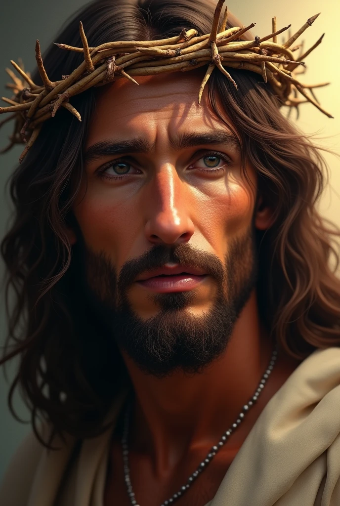 "a portrait of Jesus Christ focused only on his face, wearing the crown of thorns. he's serene, with an expression of compassion and suffering. Your eyes reflect peace and love, and his countenance conveys a deep sense of hope and resilience, despite the crown of thorns. the soft light highlights his features and the spiritual significance of the scene."