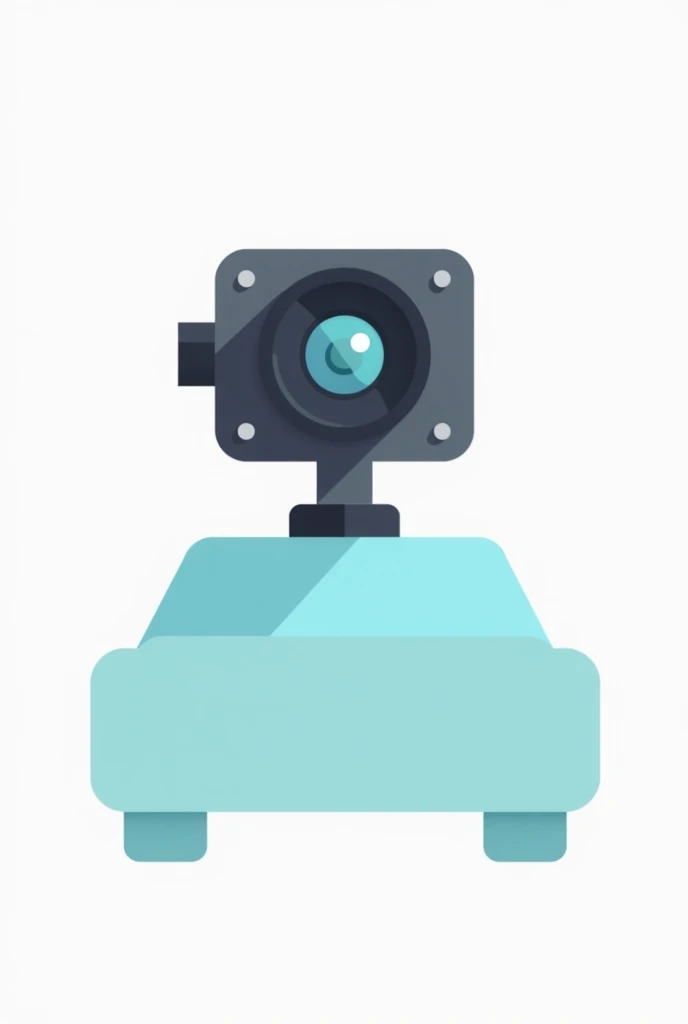 A simple flat color vectorized logo icon, such as black and light blue, has to be minimalist, the image must represent the lens of a video camera on top of a car using flat colors without shadows or effects and with an entirely white background