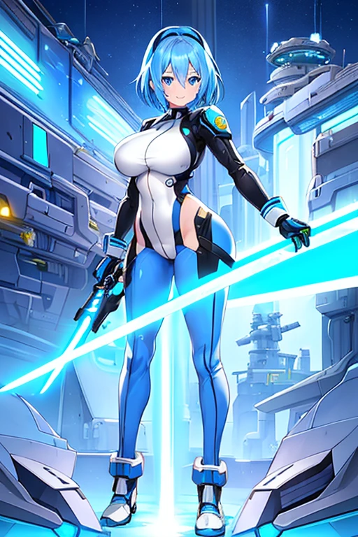 1girl, blue hair, very short hait, blue eyes, light skin, light-skinned female, hourglass figure, large breasts, lightsaber, sword, standing, full body, ((full_body)), pilot suit, bodysuit, white bodysuit, neon, neon trim, neon light, machinery, futuristic, smile, science-fiction, tech, light smile