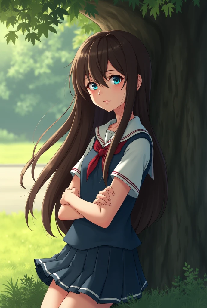 A young ager from , long brown hair, blue colored eyes, ( Serious Facial Expression ) posture leaning against a tree, wearing a school uniform.