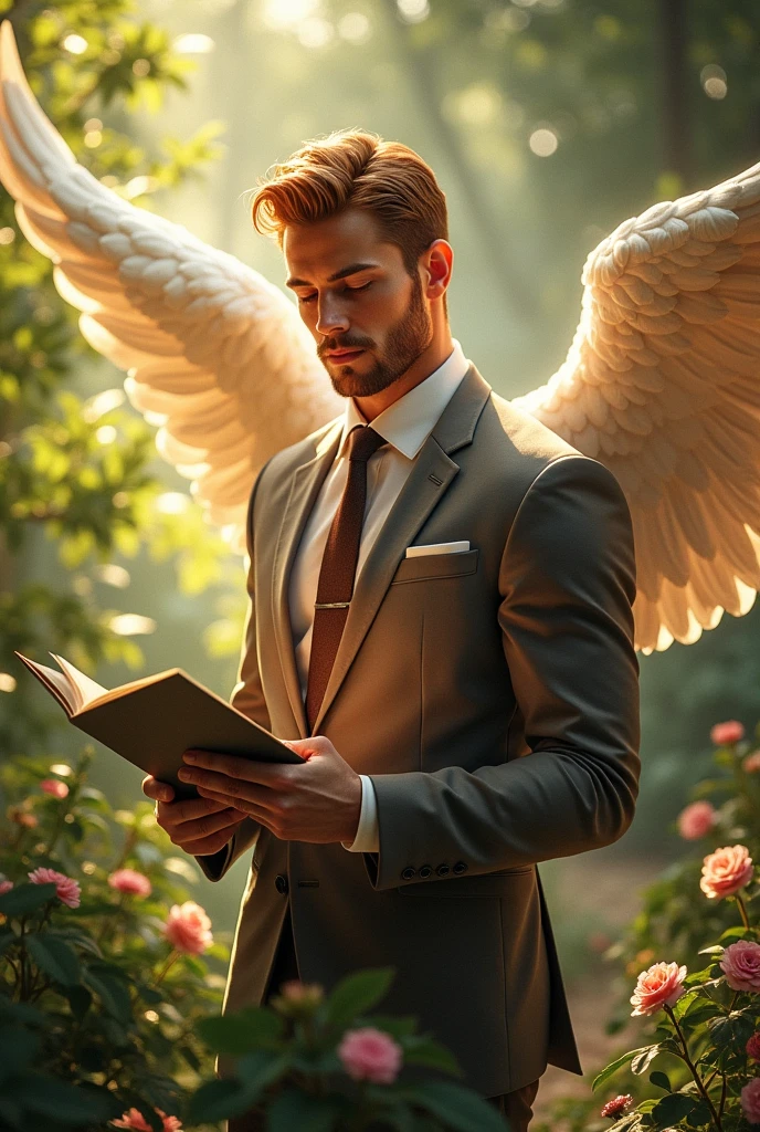 A very attractive angel man, rubio, tanned skin and muscular, but thin. He becomes a human gardener and businessman
