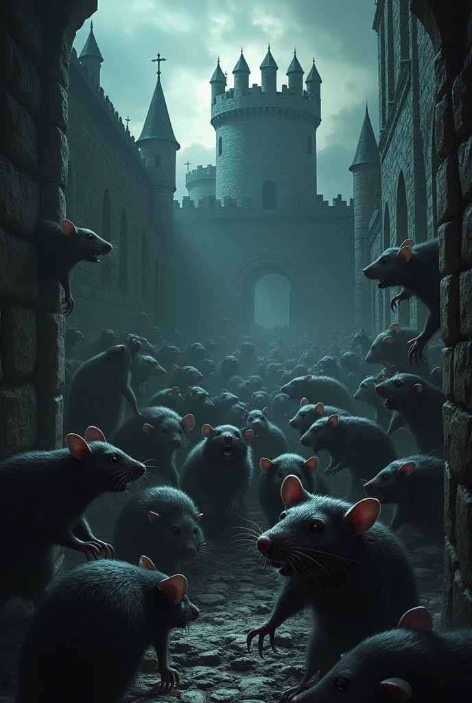 Image of rats climbing on people in the plague castle