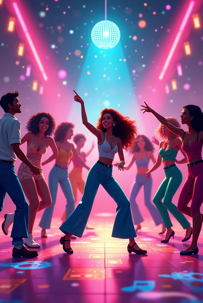 Disco dance scene in cartoon drawing 