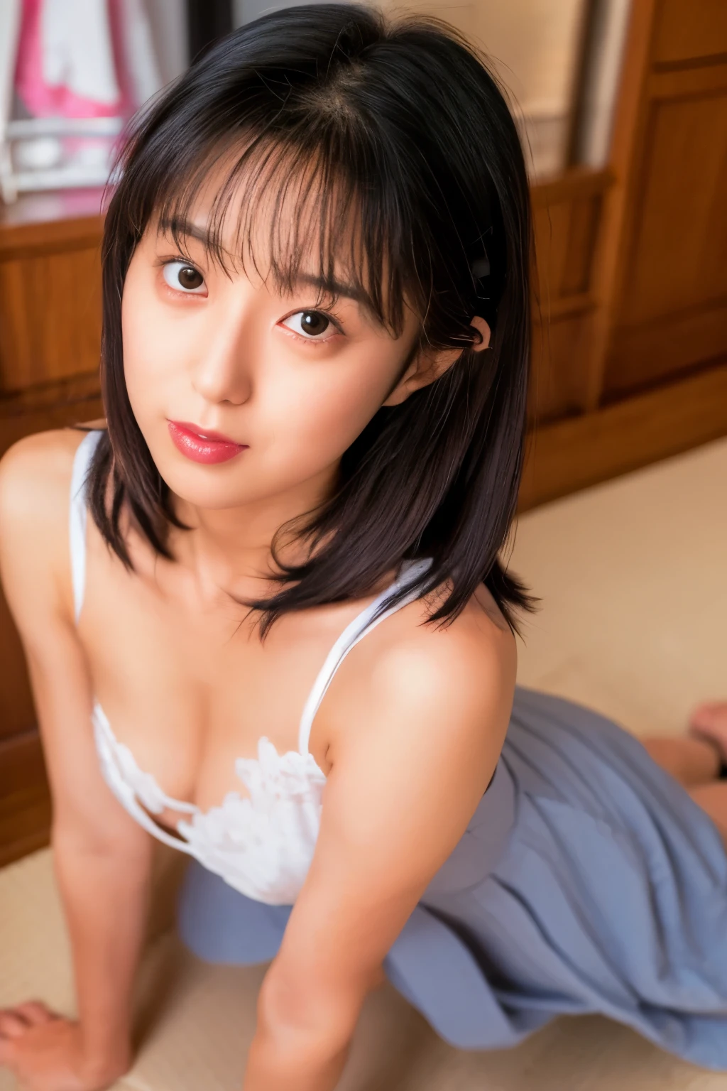 ((highest quality, 16K, Realistic skin: 1.3)), beauty, Japanese Girls, whole body, Perfect Anatomy, Black Hair, Blunt bangs, Short hair tied up with hairpins、23 years old, Face Focus, Detailed face, Highly detailed lips, Fine Eyes, Sweaty skin: 1.4, ((Sitting on the sofa)),((A little bit of underwear is visible)),Toothy smile,Colorful sleeveless dress,In my room,((So that you can see all the way down to your knees)),Simple earrings,Knee-high socks,choker,