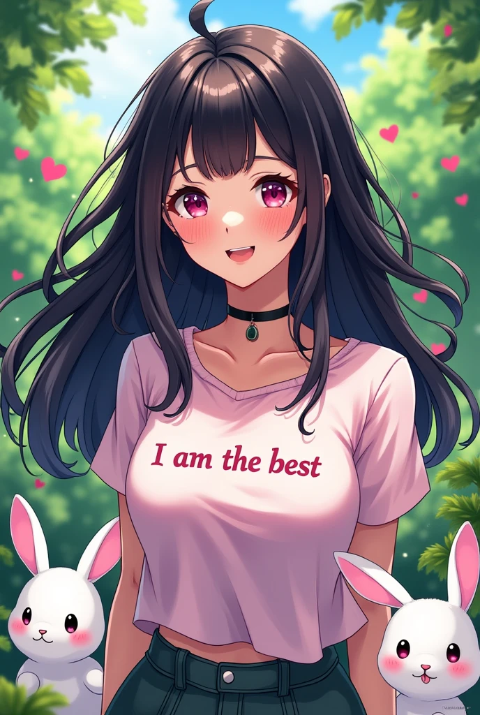 a female anime with black hair, pink details, in front of a garden with fluffy white rabbits, written on the blouse I am the best, and below I am the best, Write @manulinda