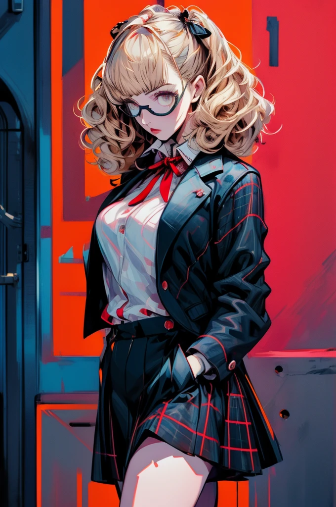 in the art style of persona5, (masterpiece:1.2, highest quality), (Realistic, photoRealistic:1.4), Beautiful illustrations, (Natural Side Lighting, Cinema Lighting), Written boundary depth, Beautiful thighs staring at the viewer, 1 female, 30-year-old, alone, thin, slender, (gigantic breasts), Loose curly hair, Bedhead, Blunt bangs, thin, slender, glasses, White blouse with formal collar, Blue Blazer, Red Check Skirt, Red checkered ribbon on blouse, Are standing, (((glasses))), portrait