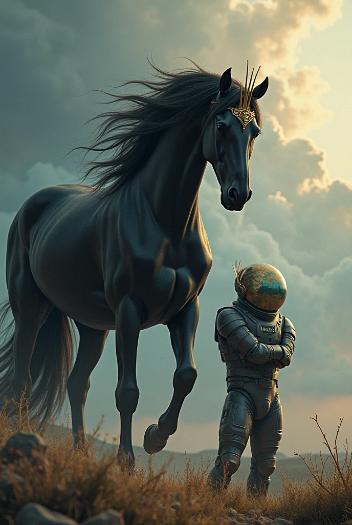 A black horse with a crown on its head and in front of it a man from space hugging his friend from Earth