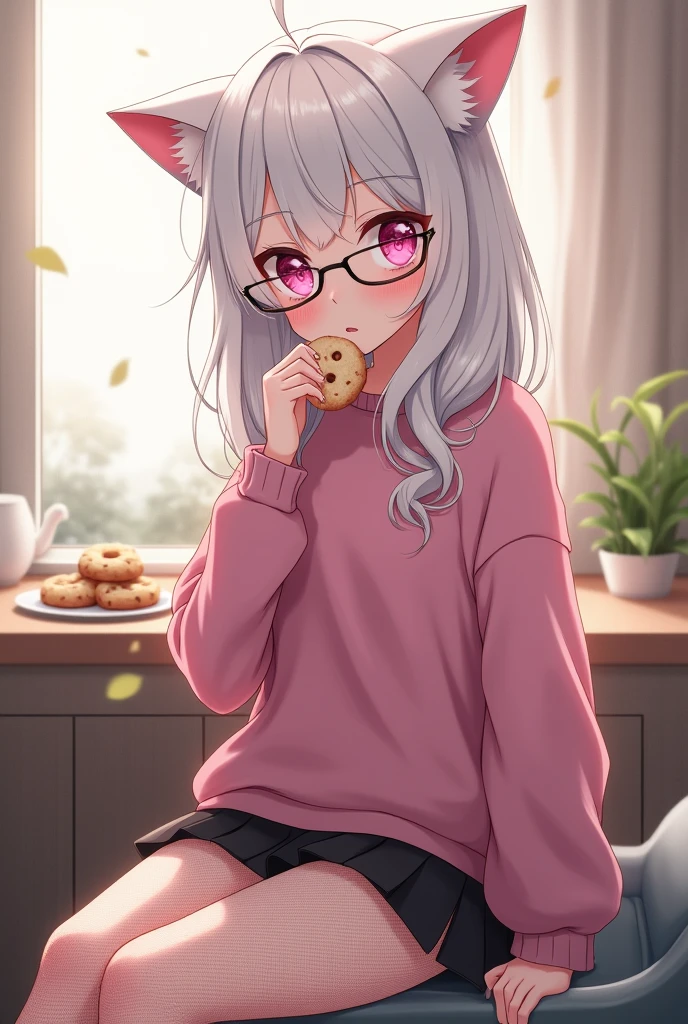 that she has a shy face that she has white hair, cat ears, black glasses, pink eyes, a super blushed pink sweatshirt, a low skirt, black shorts, black mesh stockings that she is a super reserved girl sitting eating cookies