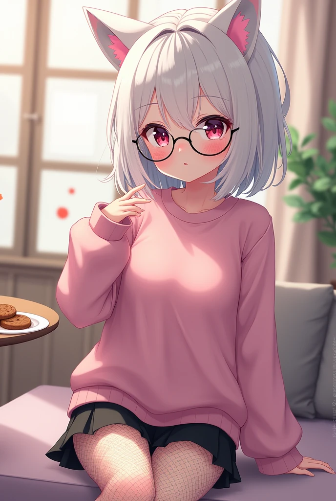 that she has a shy face that she has white hair, cat ears, black glasses, pink eyes, a super blushed pink sweatshirt, a low skirt, black shorts, black mesh stockings that she is a super reserved girl sitting eating cookies