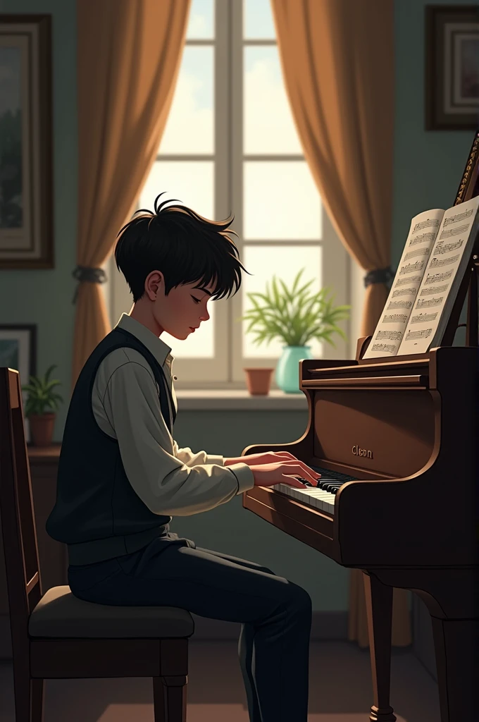 2. **Second Enlightenment**: In this picture, Lucas is shown following teacher Elena's advice and practicing with discipline. He is sitting in front of the piano in a quiet and orderly environment., concentrating on his music and carefully following a curriculum. His expression is one of determination and focus., showing how he has incorporated discipline into his daily routine."